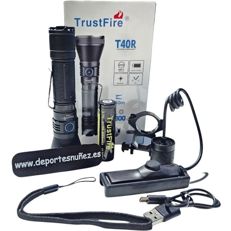 Pack Linterna TrustFire T40R Caza 550m. Linterna LED Recargable para Rifle Alta Potencia